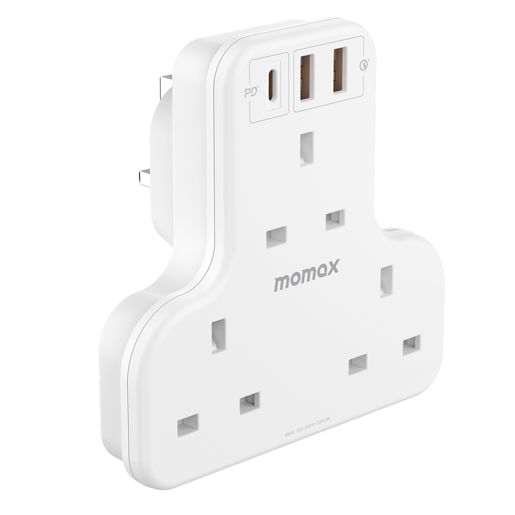 Momax ONEPLUG 3-Outlet T-shaped Extension Socket With USB - White
