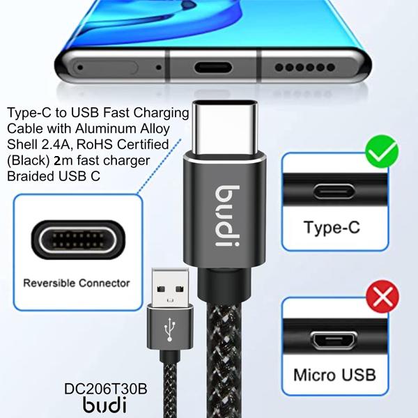 Budi USB-A To USB-C Aluminum Shell 3A Faster Braided Cable 2 Meter