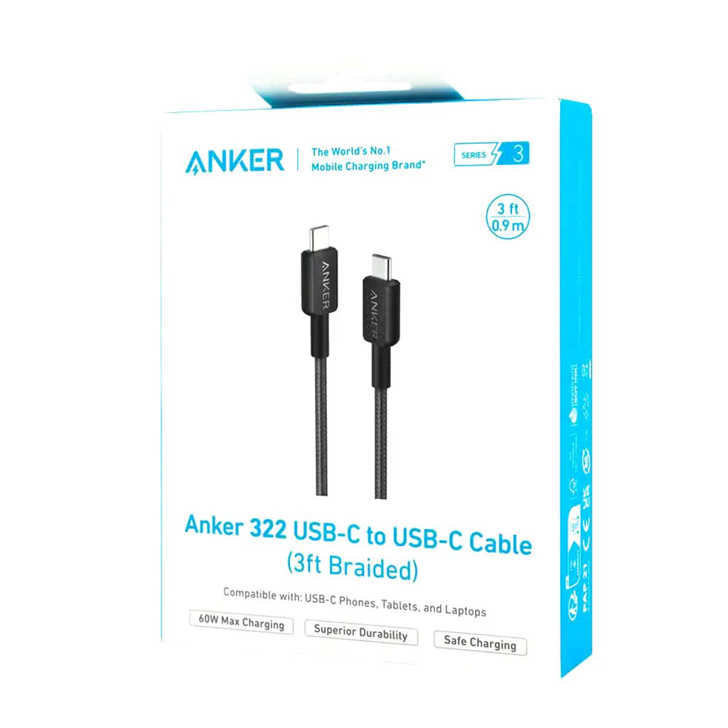 Anker 322 USB-C to USB-C 3ft Braided Cable A81F5H11 - Black