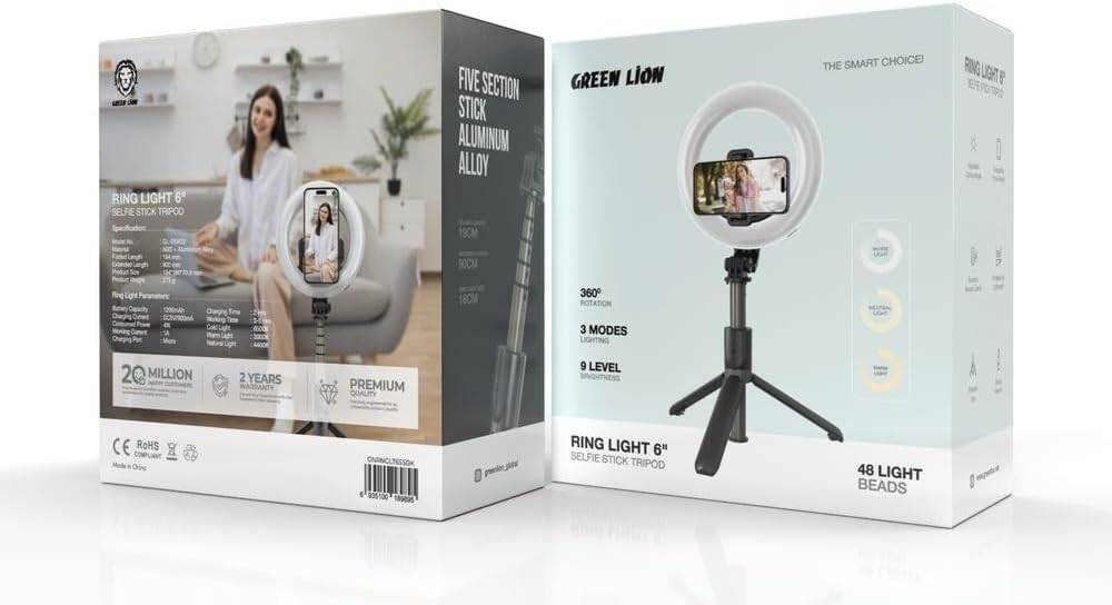 Green Lion Ring Light 6″ Selfie Stick - Black