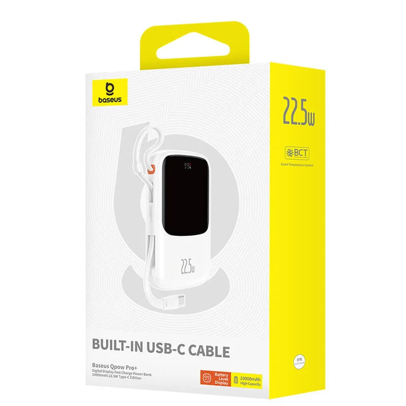 Baseus Qpow Pro+ 10000mAh 22.5W Power Bank with Built-in USB-C Cable and Display - White