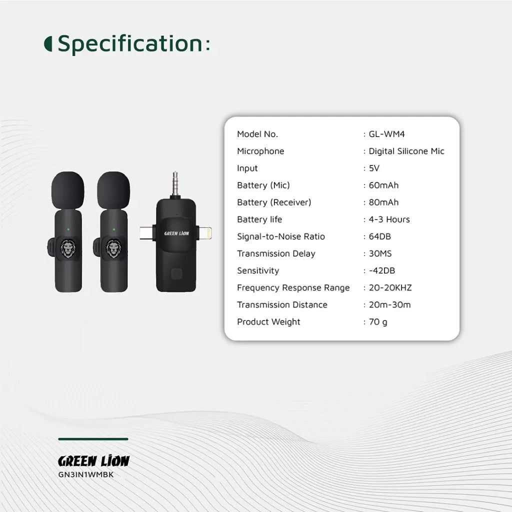 Green Lion 3 IN 1 Microphone Type-C / Lightning / Aux - Green