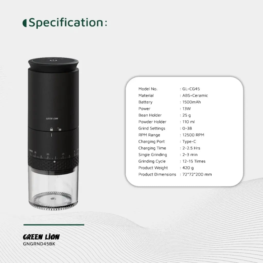 Green Lion Grind Pro Coffee Grinder-Rechargeable - Black