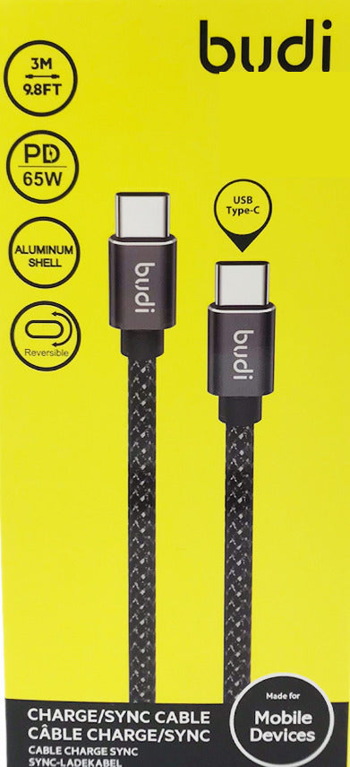 BUDI USB TYPE-C TO TYPE-C CHARGE AND SYNC CABLE 3M PD65W
