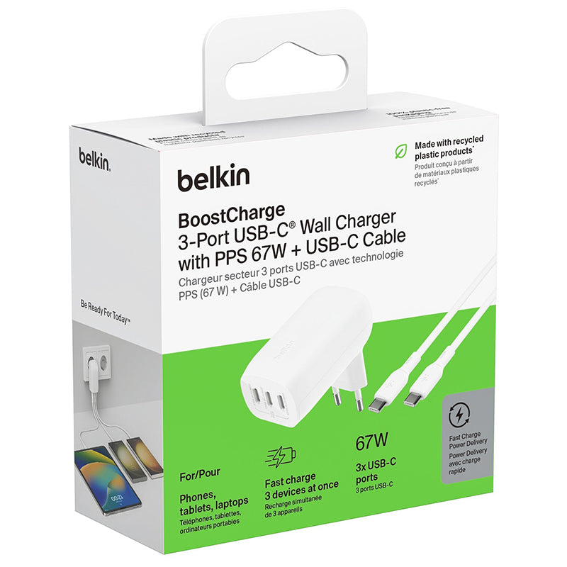 Belkin BoostCharge 3-Port USB-C® Wall Charger with PPS 67W + USB-C Cable